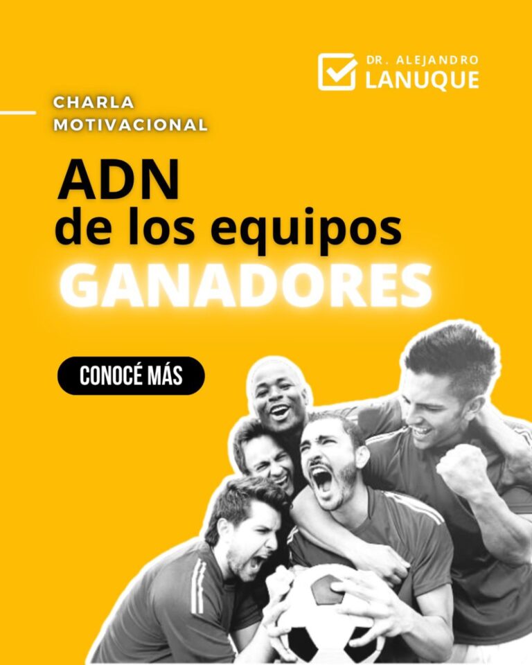 Ilustración de un grupo de futbolistas celebrando con euforia, sobre un fondo amarillo brillante, promocionando una charla motivacional de Alejandro Lanuque titulada “ADN de los equipos ganadores”.
