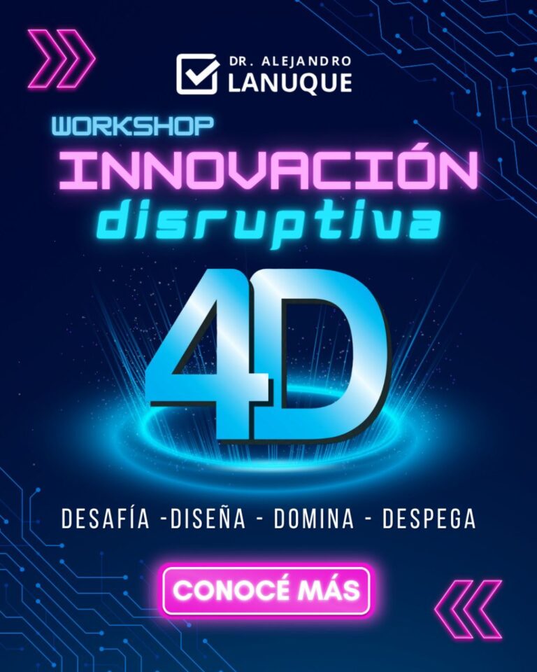 Ilustración futurista del workshop “Innovación Disruptiva 4D” de Alejandro Lanuque, con tipografía digital y efectos de luz sobre fondo tecnológico en azul oscuro.