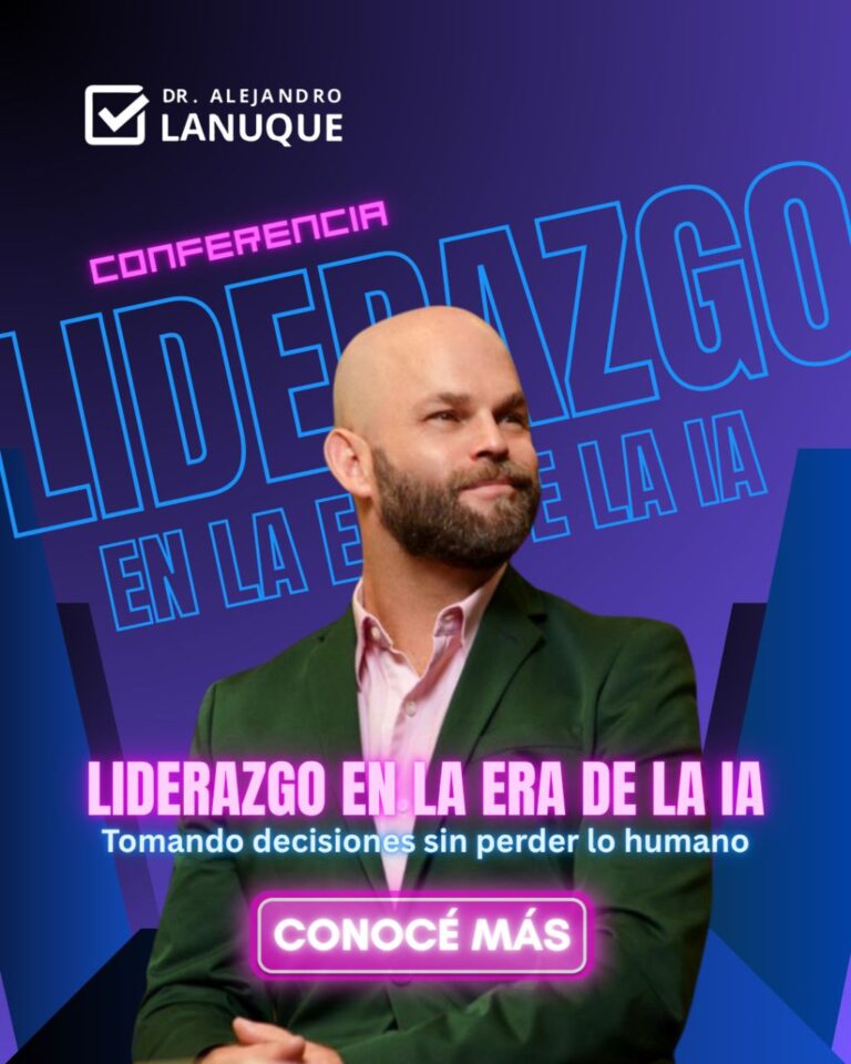 Alejandro Lanuque con expresión confiada, sobre un fondo digital en tonos violetas y azules, promocionando su conferencia “Liderazgo en la era de la IA”.