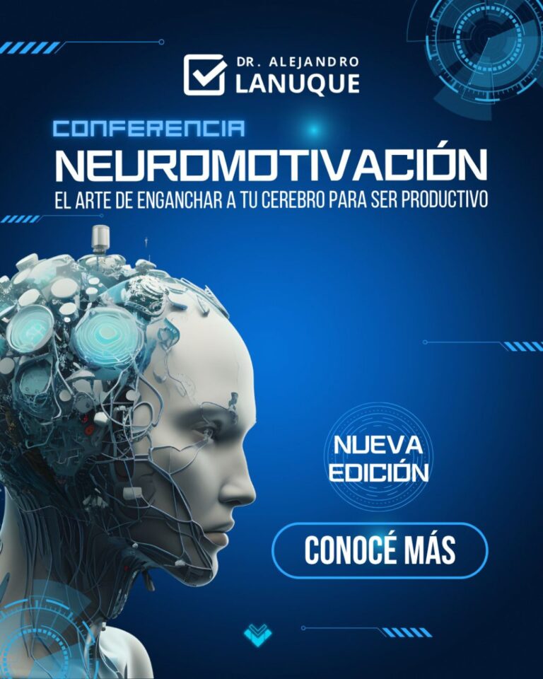 Ilustración futurista de un rostro humanoide con circuitos y elementos tecnológicos, acompañada del título de la conferencia “Neuromotivación” de Alejandro Lanuque.