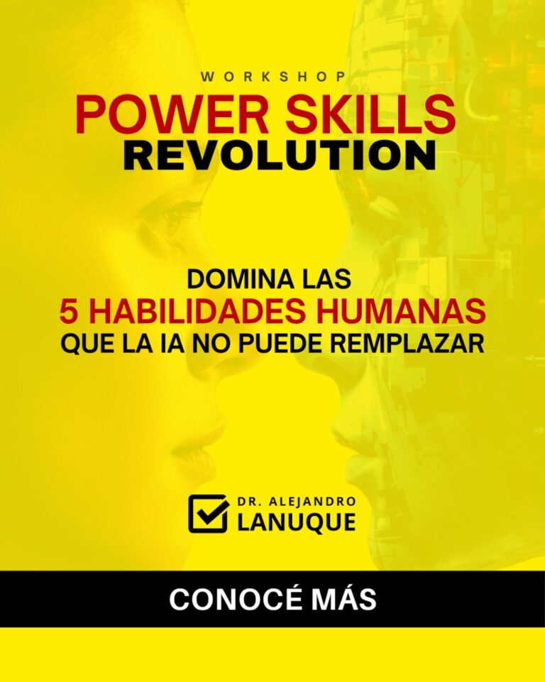 Ilustración con fondo amarillo intenso que muestra los rostros enfrentados de un humano y un androide, anunciando el workshop “Power Skills Revolution” de Alejandro Lanuque.
