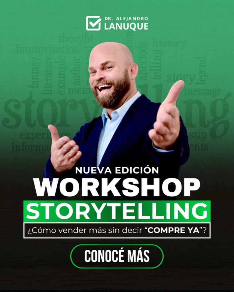 Fotografía de Alejandro Lanuque sonriente y expresivo, con fondo verde y palabras relacionadas al storytelling, promocionando su workshop sobre ventas narrativas.